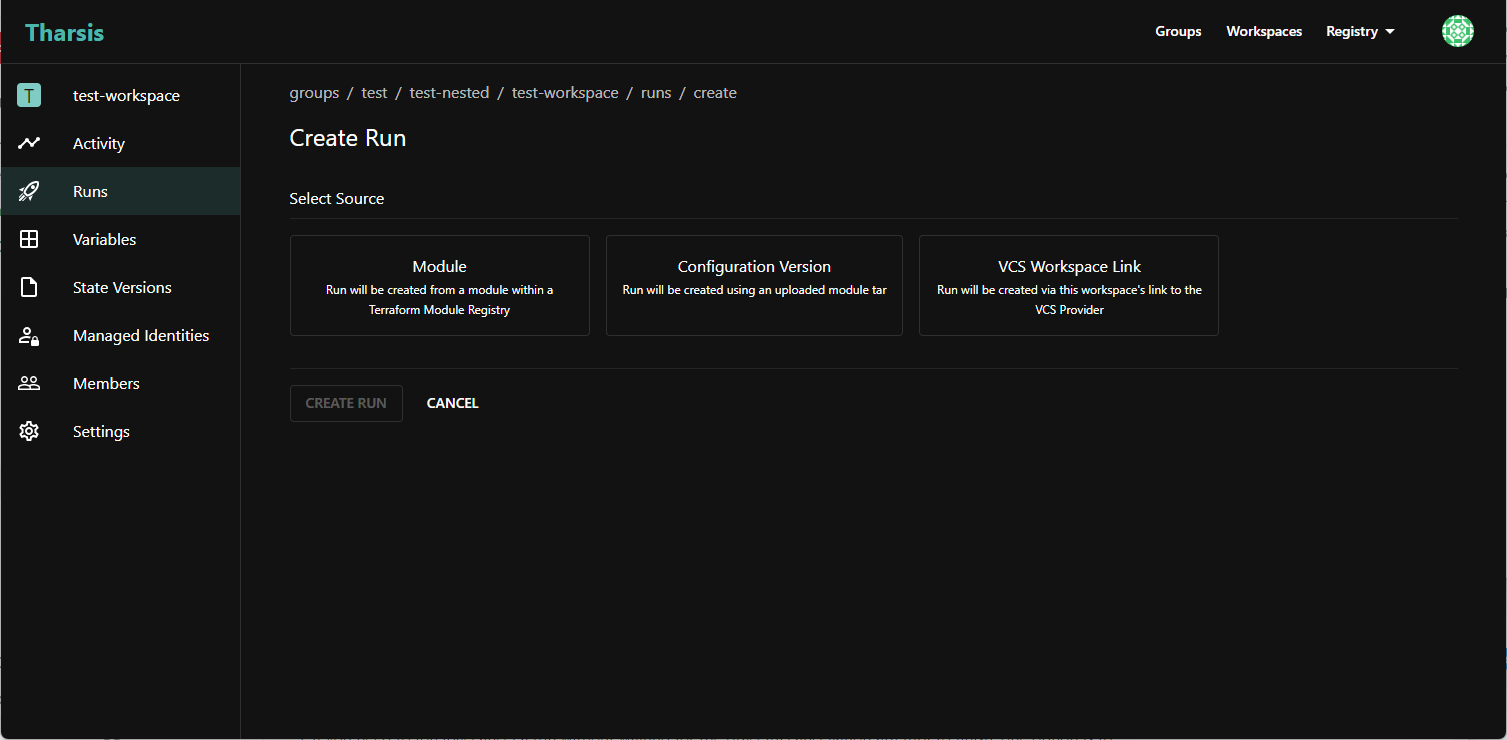 Screenshot of the Tharsis UI page - Create Run page