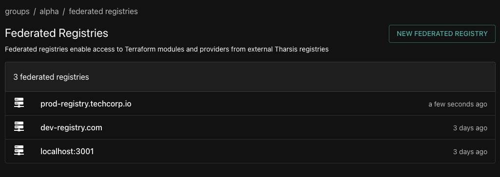 Screenshot of the Tharsis UI showing list of federated registries