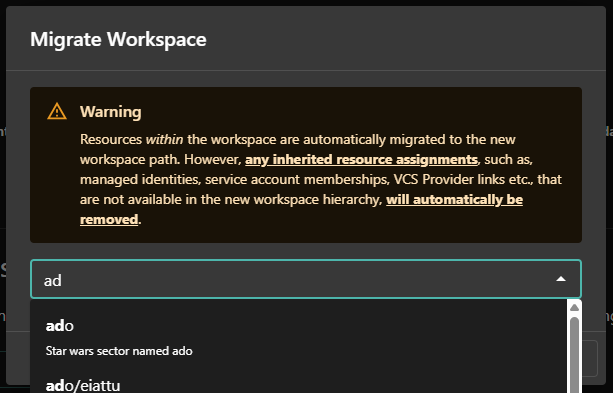 Screenshot of the Tharsis UI showing migrate workspace confirmation