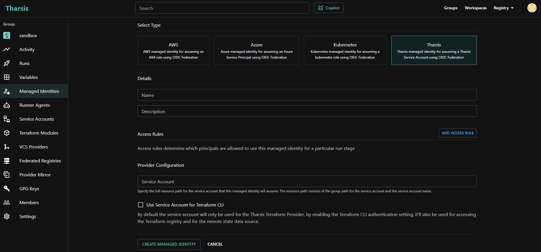 Screenshot of the Tharsis UI showing new managed identity page