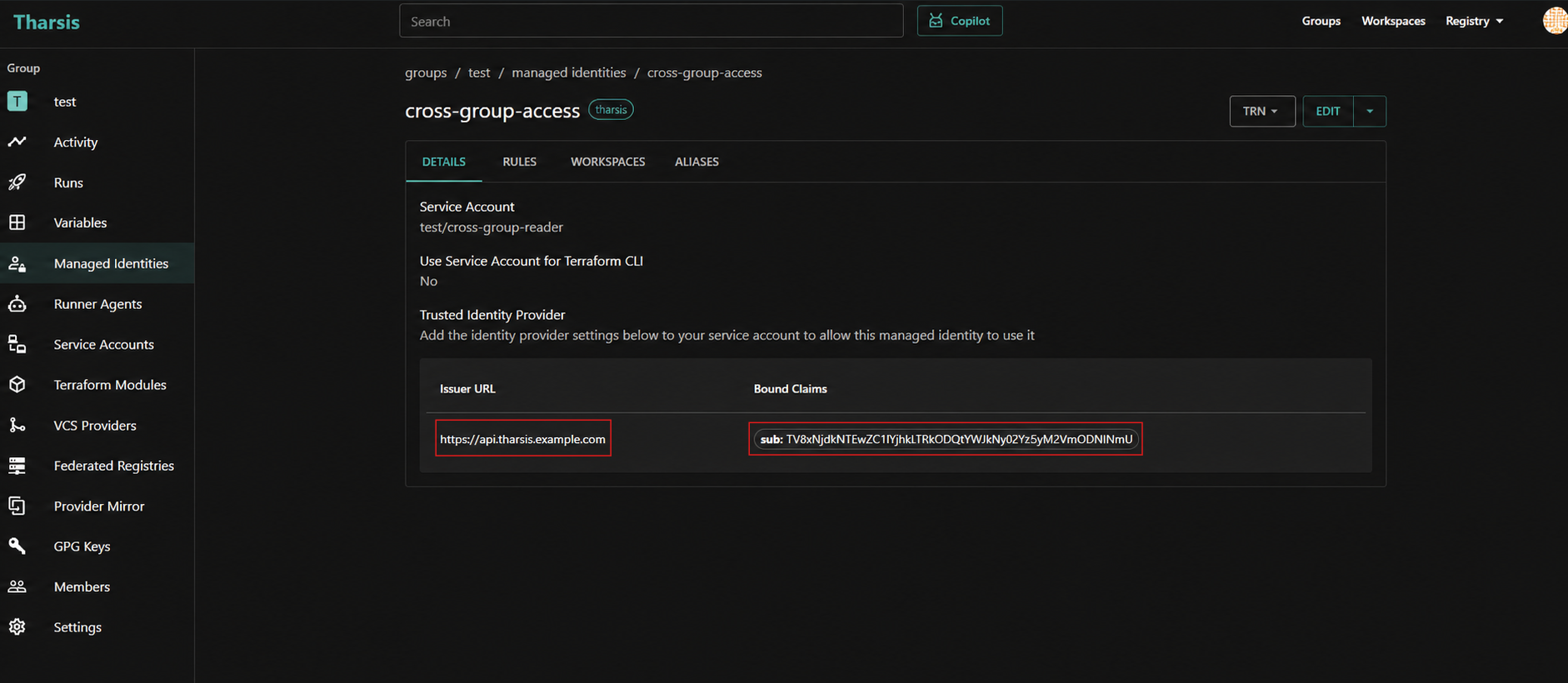 Screenshot of the Tharsis UI showing trusted identity provider settings