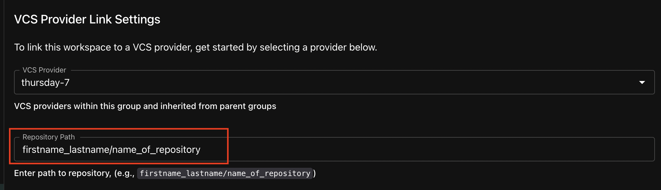 Screenshot of Tharsis UI page - Workspace VCS Provider Link - repo path