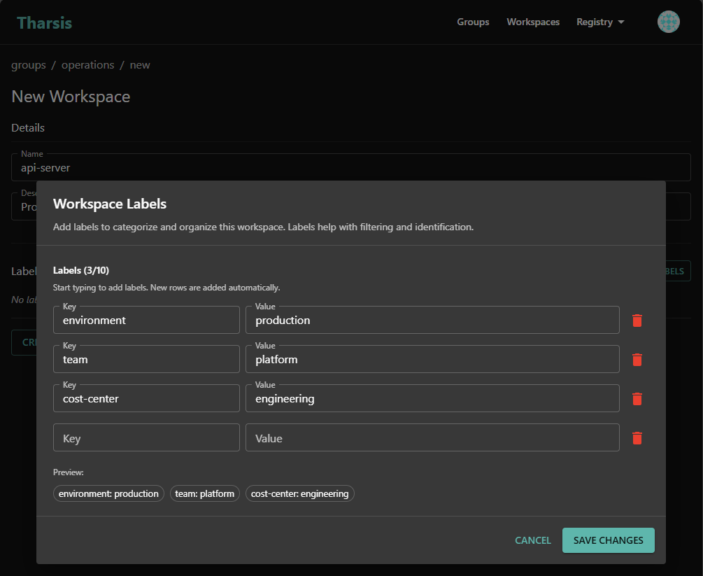 Workspace create form with labels Screenshot showing label fields in the workspace create form with example labels