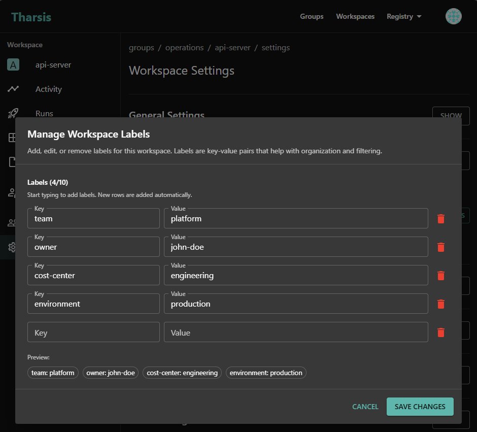 Workspace edit form label management Screenshot showing label management interface in the workspace edit form